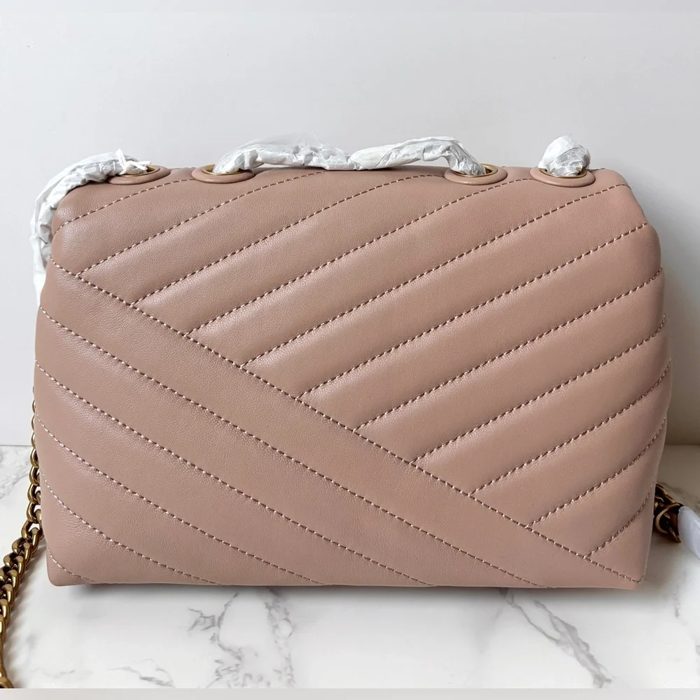 New Tory Burch Kira Chevron Small Leather Shoulder Bag Beige Neutral
